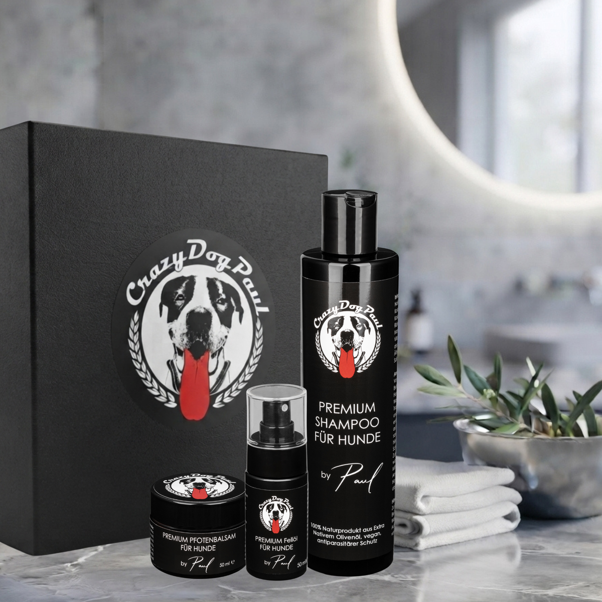 CrazyDogPaul Geschenkbox: START- im schwarzen Geschenkkarton , ideal für Hundegeburtstage!