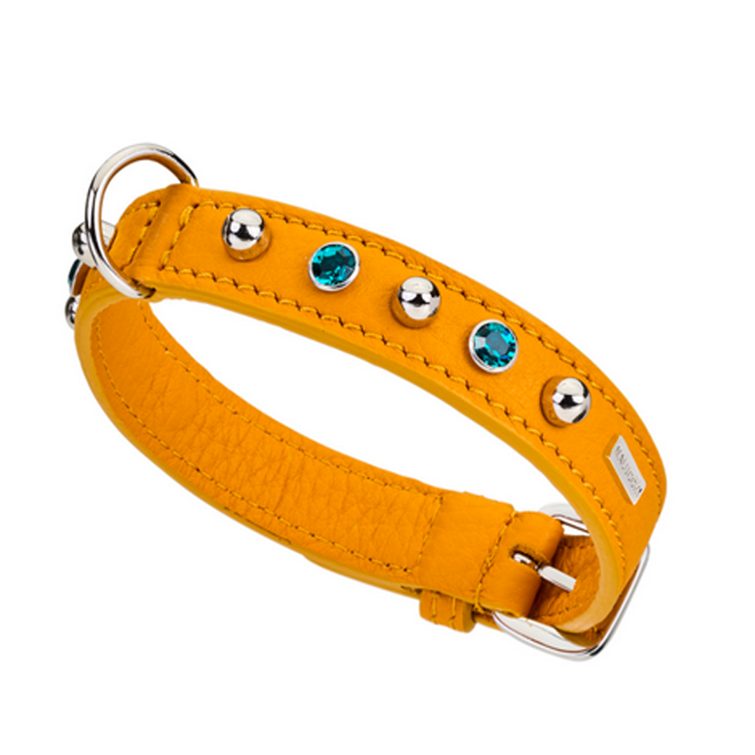 CrazyDogPaul Premium Hundehalsband BRIGHT für kleine Hunde, Breite 2 cm – Luxus-Bullenleder & Swarovski-Steine
