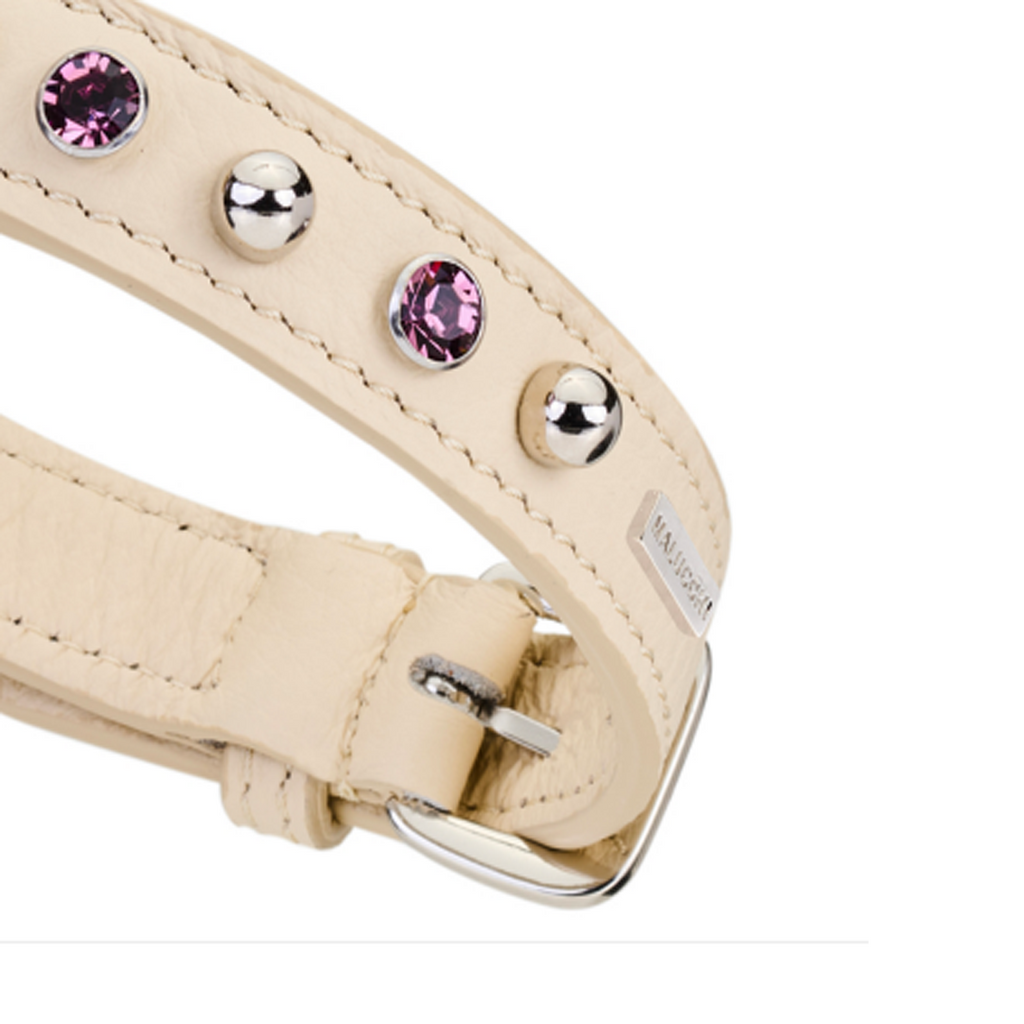 CrazyDogPaul Premium Hundehalsband BRIGHT für kleine Hunde, Breite 2 cm – Luxus-Bullenleder & Swarovski-Steine