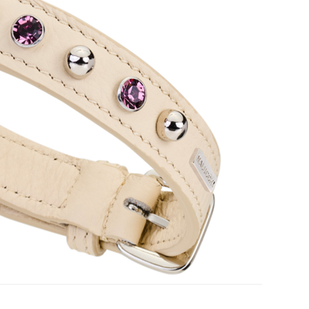 CrazyDogPaul Premium Hundehalsband BRIGHT für kleine Hunde, Breite 2 cm – Luxus-Bullenleder & Swarovski-Steine