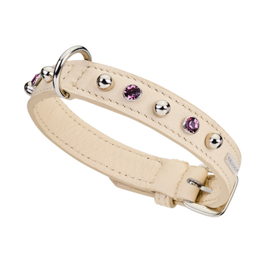 CrazyDogPaul Premium Hundehalsband BRIGHT für kleine Hunde, Breite 2 cm – Luxus-Bullenleder & Swarovski-Steine