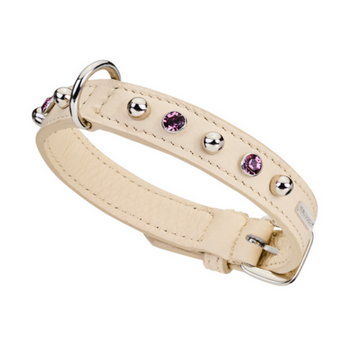 CrazyDogPaul Premium Hundehalsband BRIGHT für kleine Hunde, Breite 2 cm – Luxus-Bullenleder & Swarovski-Steine
