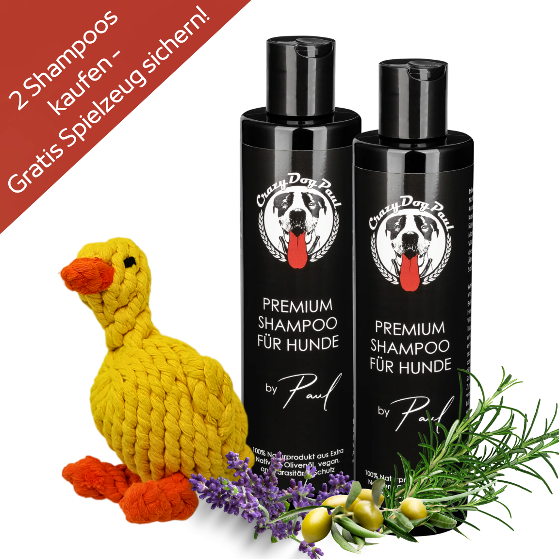 Anti-Geruch Set: 2x Hundeshampoo + Gratis Spielzeug Schnatterente