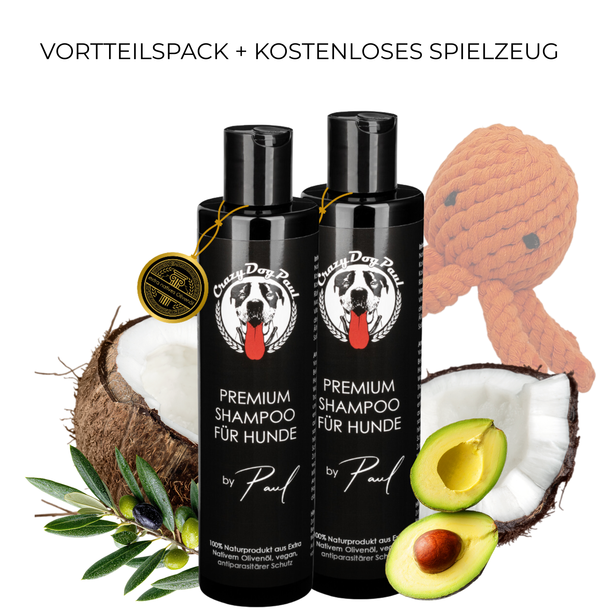 Fellpflege & Wasch-Set: 2x Hundeshampoo + Gratis Spielzeug