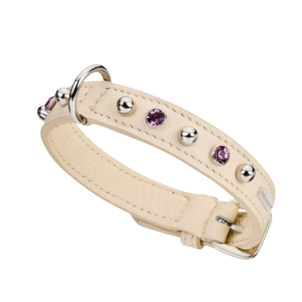 CrazyDogPaul Premium Hundehalsband BRIGHT für kleine Hunde, Breite 2 cm – Luxus-Bullenleder & Swarovski-Steine