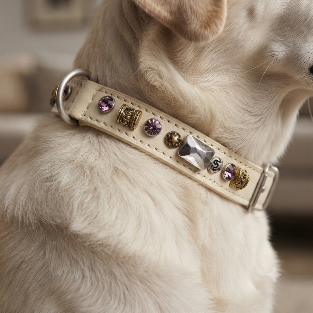 Malucchi Luxus Hundehalsband PETRA – Handgefertigtes Bullenleder & Swarovski | Oberliga für deinen Hund