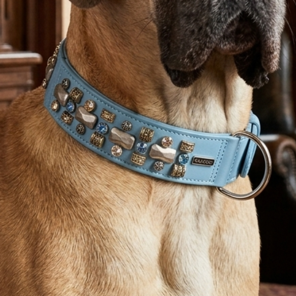 Malucchi Luxus Hundehalsband PETRA Soft-Blau NEU – Handgefertigtes Bullenleder & Swarovski | Oberliga für deinen Hund (Kopie)