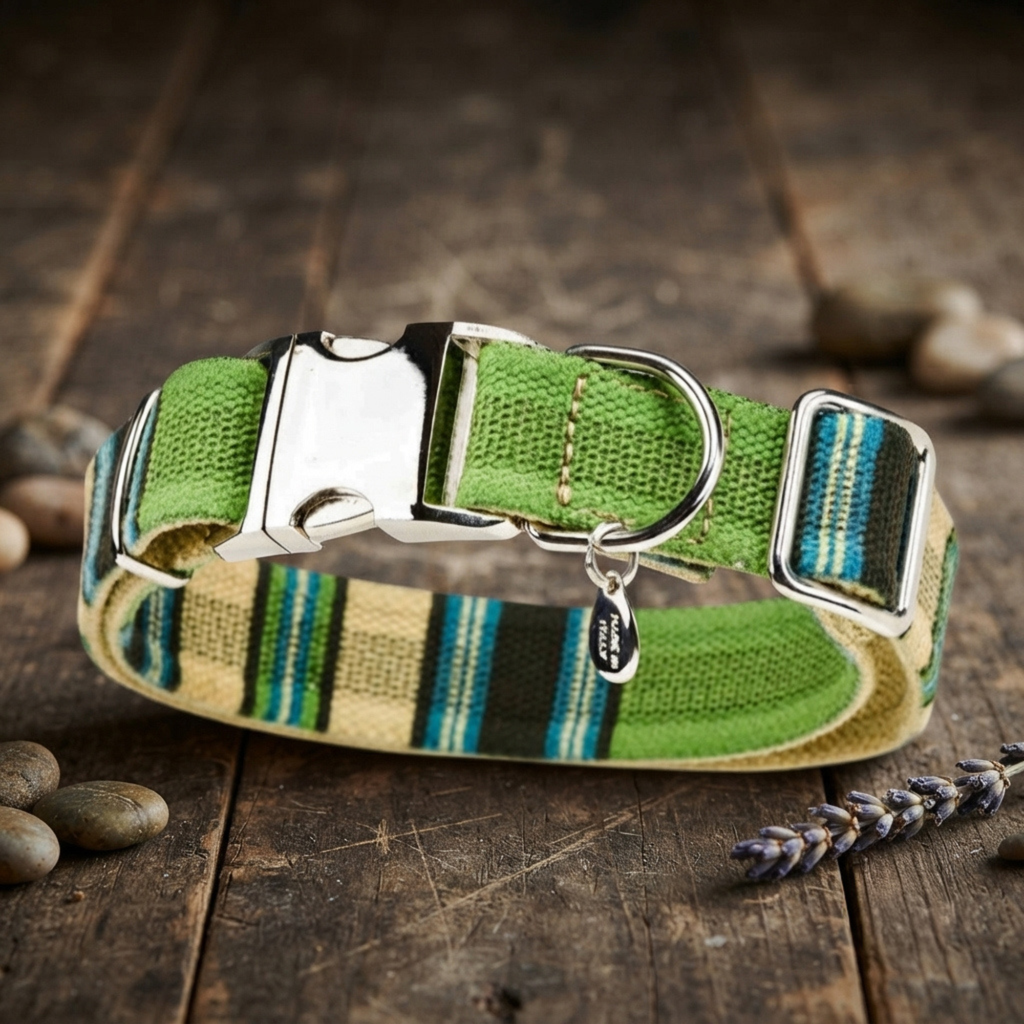 Malucchi Luxus Hundehalsband TRACK in Strepped green - strapazierfähiges Baumwoll Halsband im urbanen Look