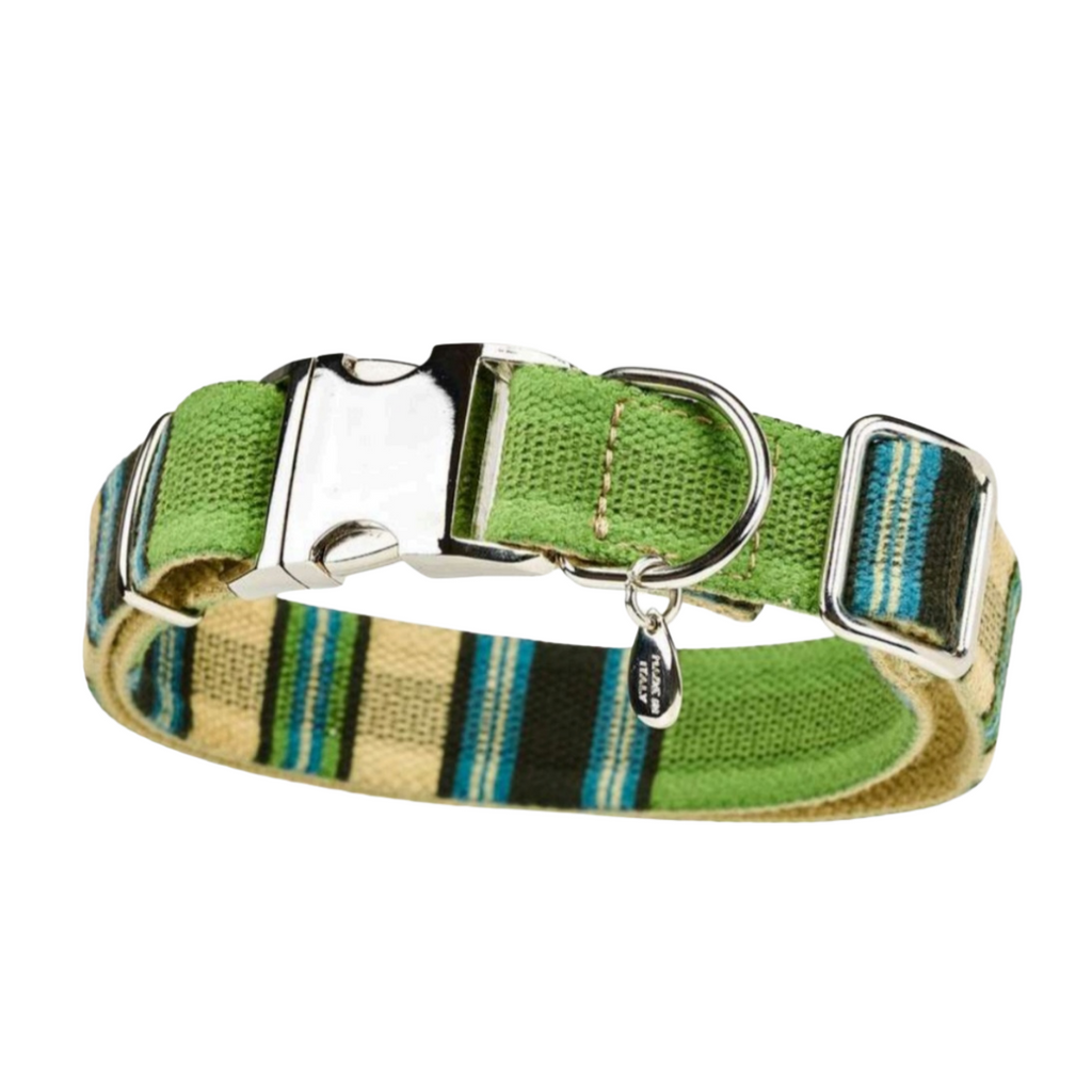 Malucchi Luxus Hundehalsband TRACK in Strepped green - strapazierfähiges Baumwoll Halsband im urbanen Look