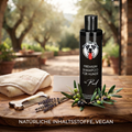 Warum kein Menschenshampoo? Es zerstört den pH-Wert der Hundehaut. Das links abgebildete Produkt ist exakt auf diese sensible Hautbarriere abgestimmt und schützt sie. (181 Zeichen)