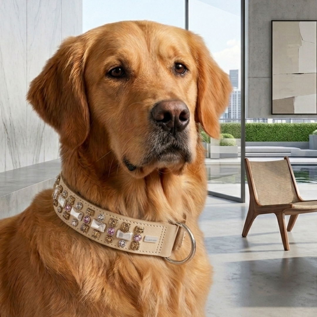 Malucchi Luxus Hundehalsband PETRA Cappuccino NEU – Handgefertigtes Bullenleder & Swarovski | Oberliga für deinen Hund