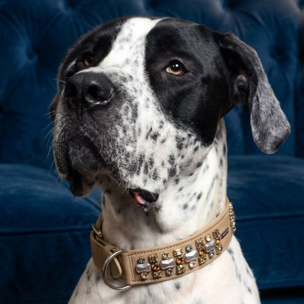 Malucchi Luxus Hundehalsband PETRA Cappuccino NEU – Handgefertigtes Bullenleder & Swarovski | Oberliga für deinen Hund