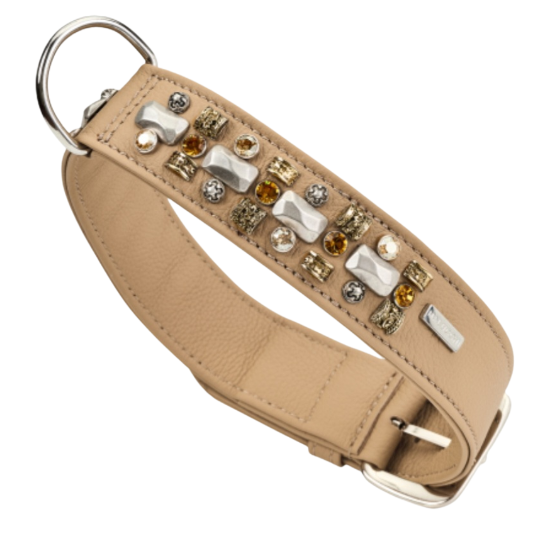 Malucchi Luxus Hundehalsband PETRA Cappuccino NEU – Handgefertigtes Bullenleder & Swarovski | Oberliga für deinen Hund