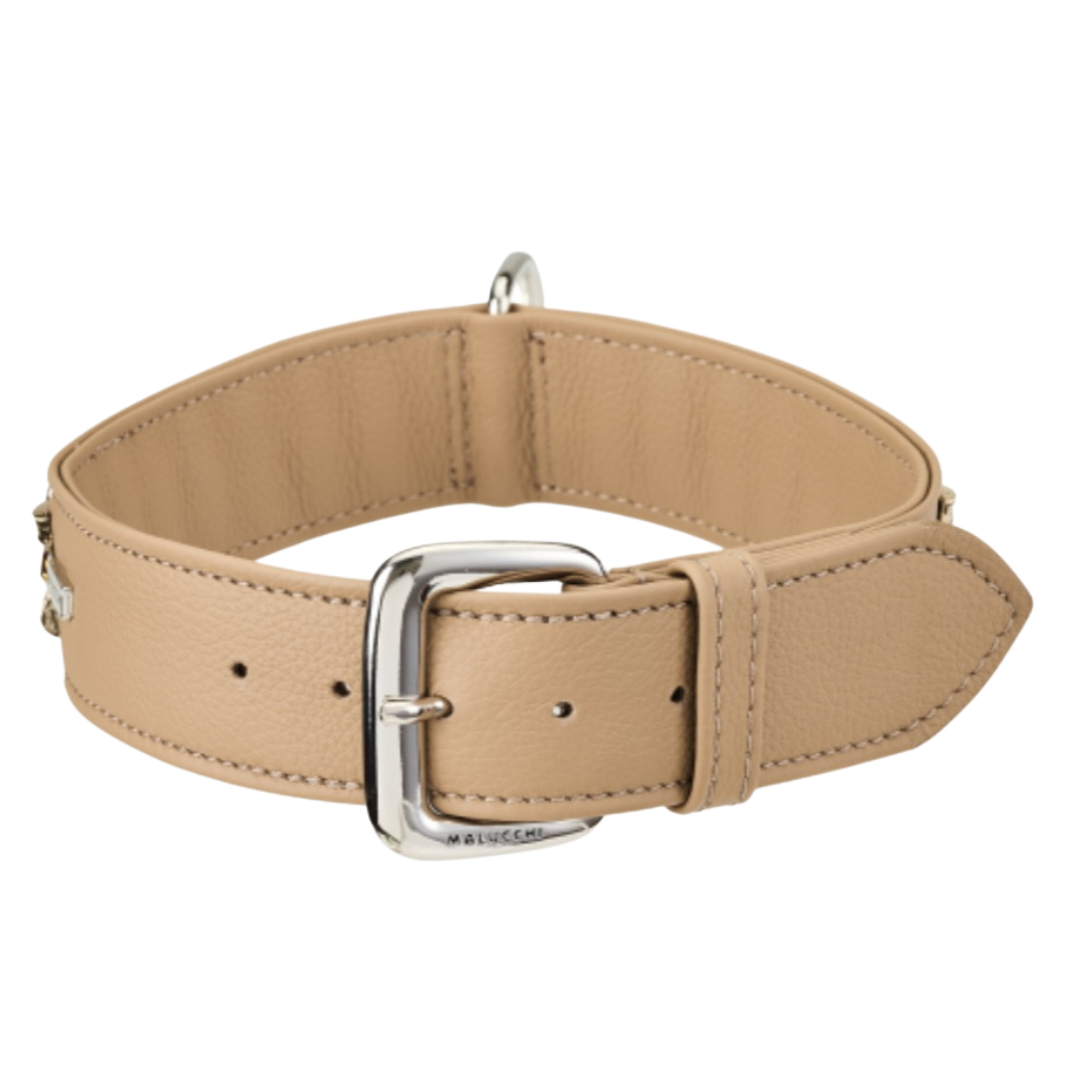Malucchi Luxus Hundehalsband PETRA Cappuccino NEU – Handgefertigtes Bullenleder & Swarovski | Oberliga für deinen Hund
