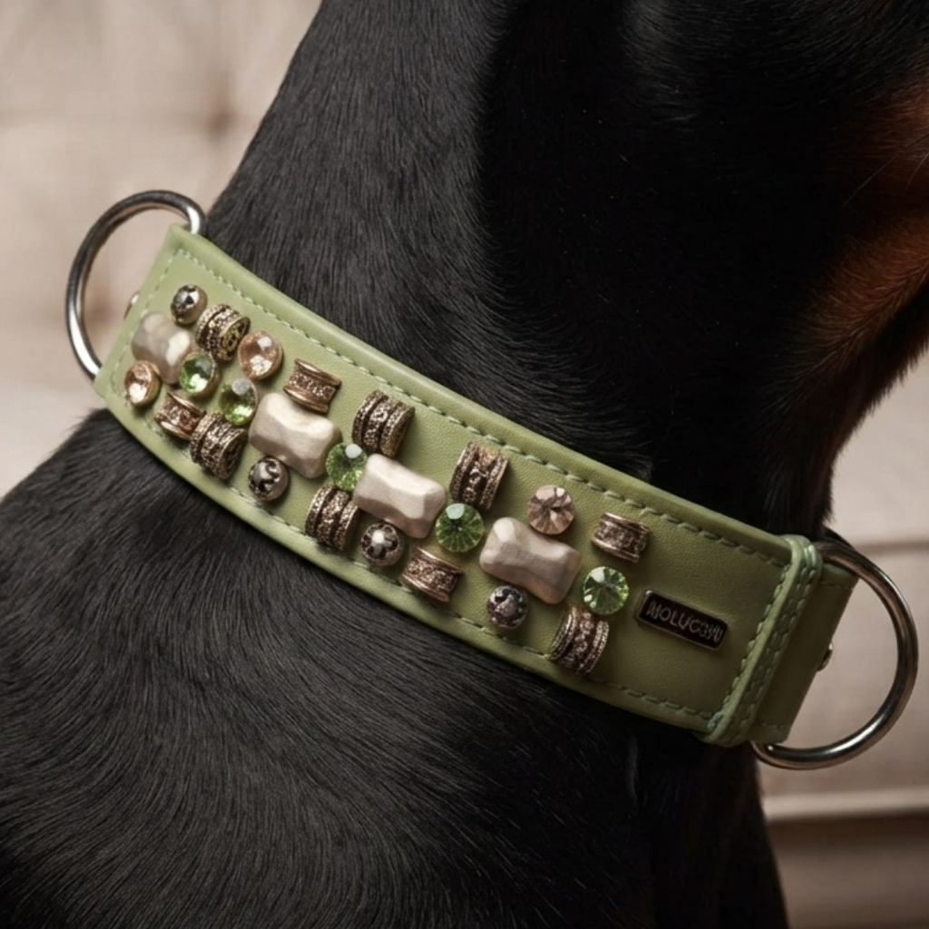 Malucchi Luxus Hundehalsband PETRA Mint-Grün NEU – Handgefertigtes Bullenleder & Swarovski | Oberliga für deinen Hund (Kopie)