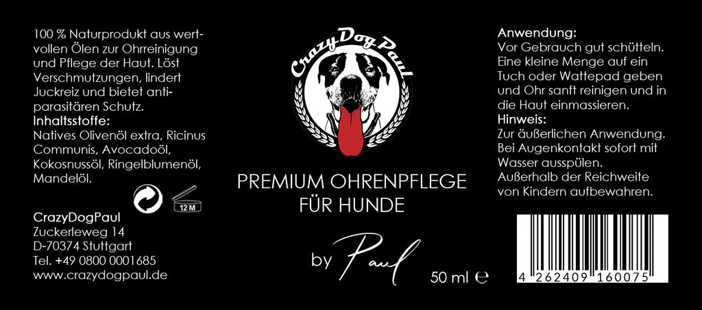 Inhaltsstoffe und Dosierungsanleitung CrazyDogPaul Premium Ohrenpflege – Vegan & Natürlich