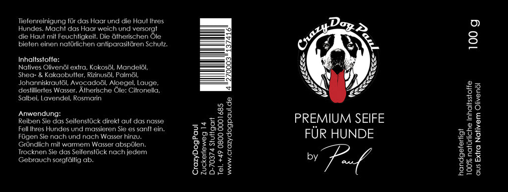 Nachhaltige Naturseife für Hunde von crazydogpaul Etikett
