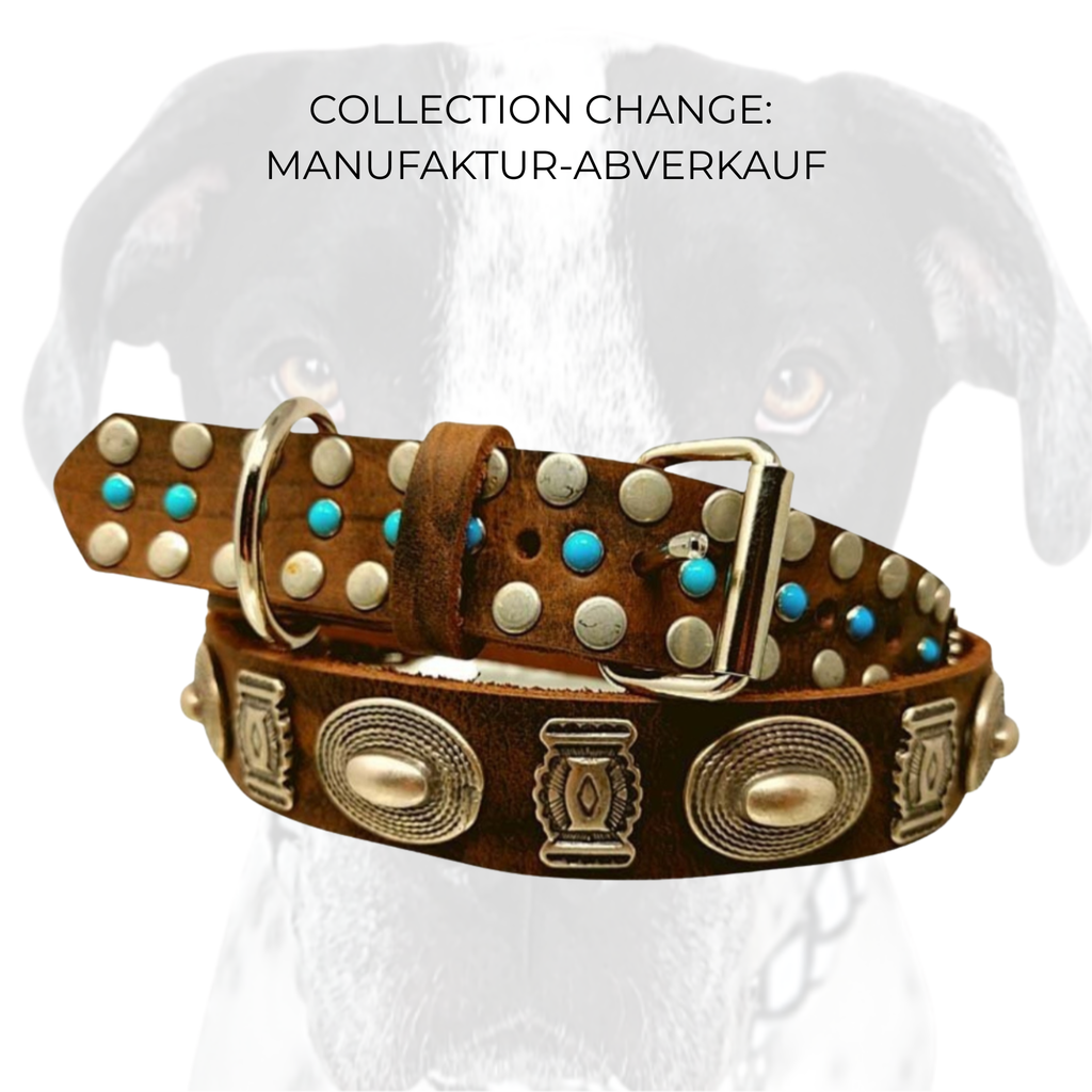 CrazyDogPaul Premium Hundehalsband NAVAJO – Leder im Ethno-Stil mit Türkissteinen