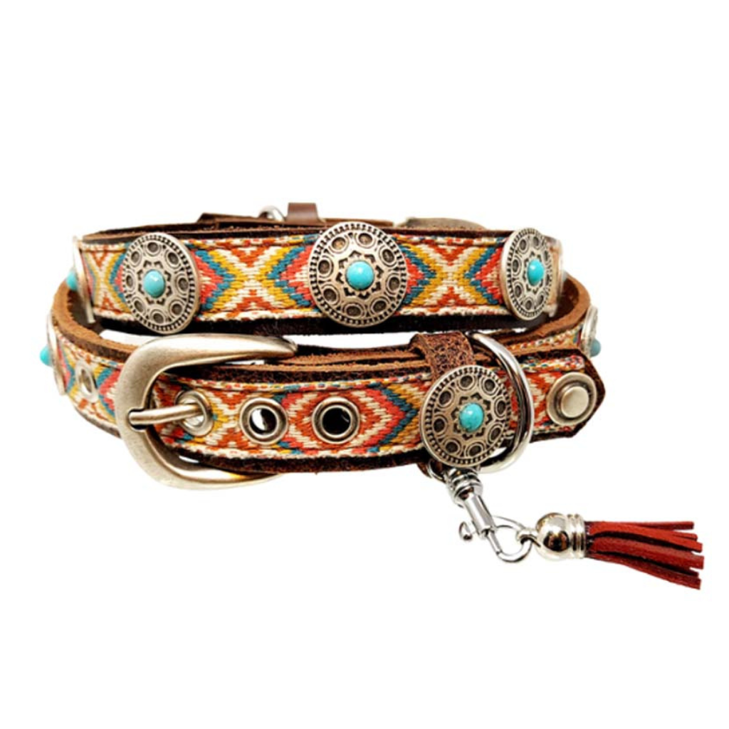 CrazyDogPaul Premium Hundehalsband ACAPULCO – Leder im Azteken-Stil (2,5 cm)