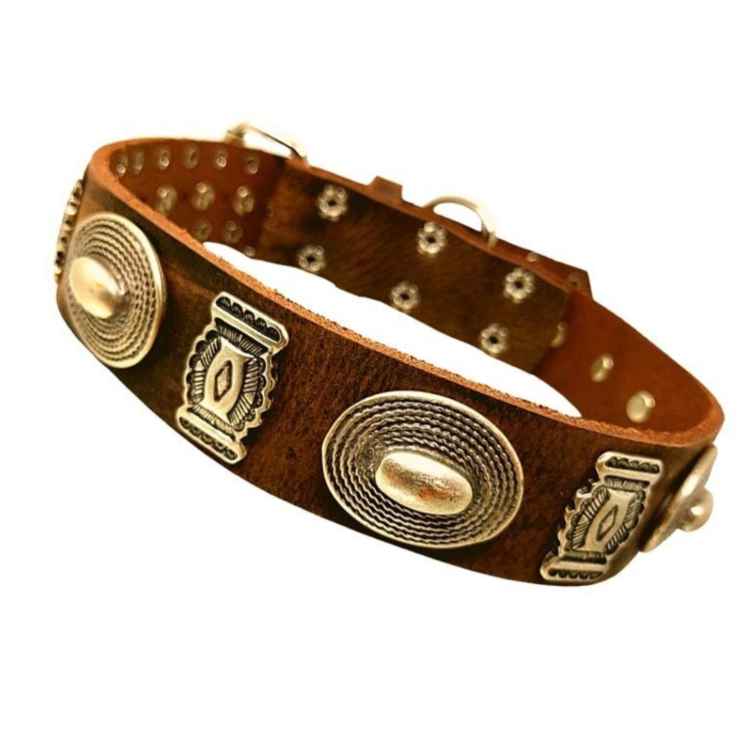 CrazyDogPaul Premium Hundehalsband NAVAJO – Leder im Ethno-Stil mit Türkissteinen
