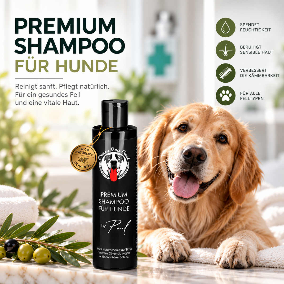 2in1 Hundeshampoo & Conditioner gegen Juckreiz, Zecken. Flöhe. Läusen. Milben. Für weiches gesundes glänzendes Fell. I Alle Produkte sind natürlich auf 100% Olivenöl-Basis