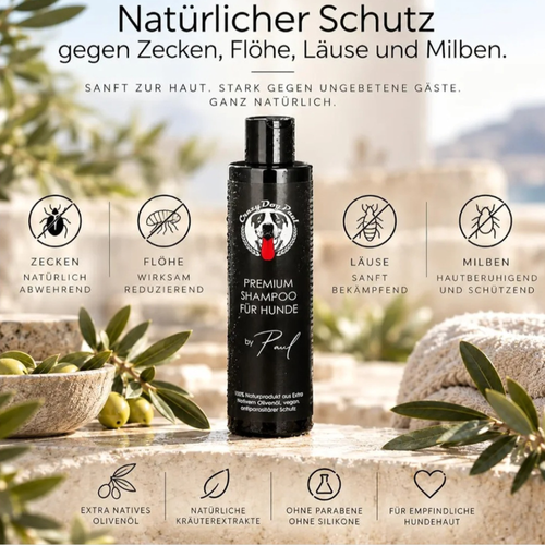 2in1 Hundeshampoo & Conditioner gegen Juckreiz, Zecken. Flöhe. Läusen. Milben. Für weiches gesundes glänzendes Fell. I Alle Produkte sind natürlich auf 100% Olivenöl-Basis