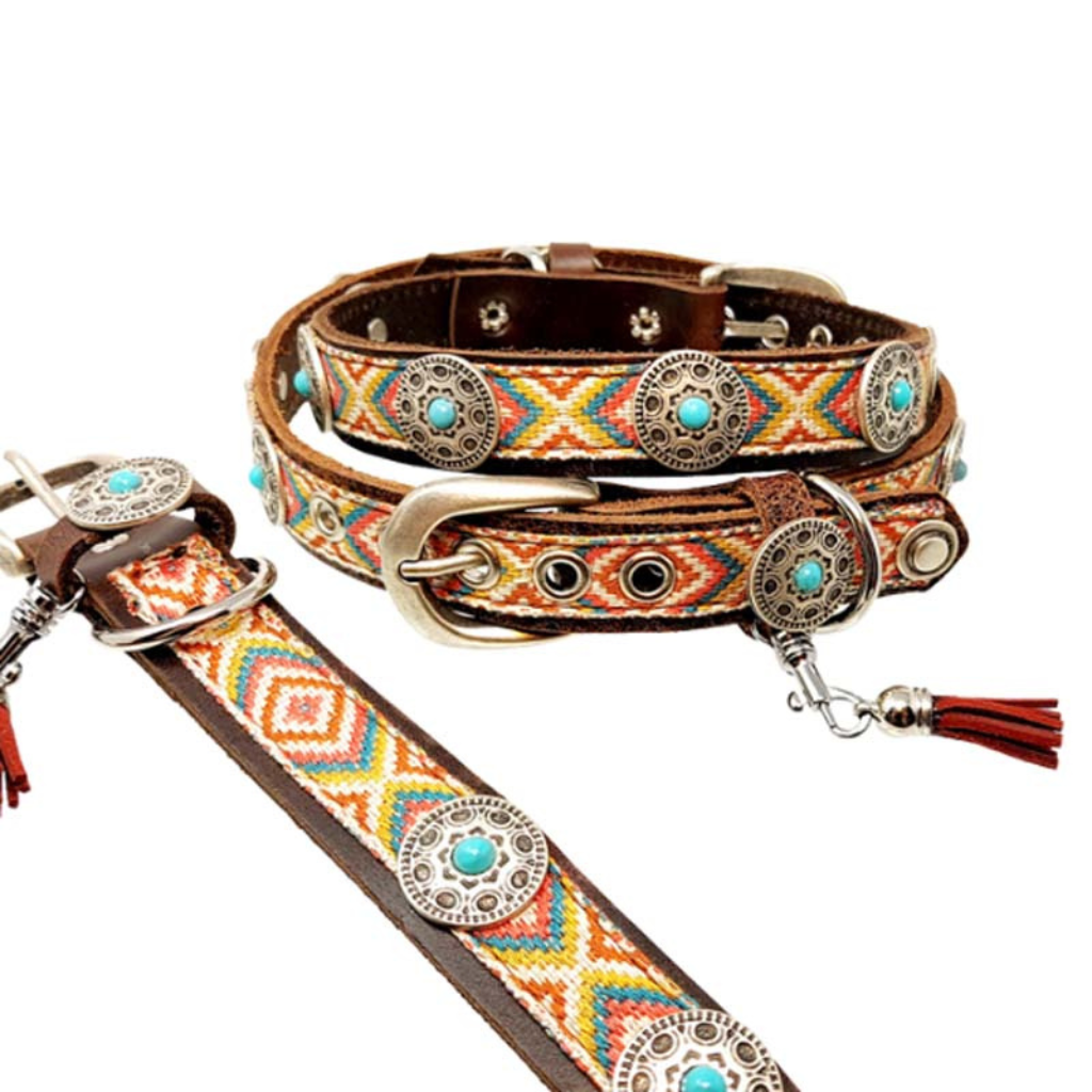 CrazyDogPaul Premium Hundehalsband ACAPULCO – Leder im Azteken-Stil (2,5 cm)