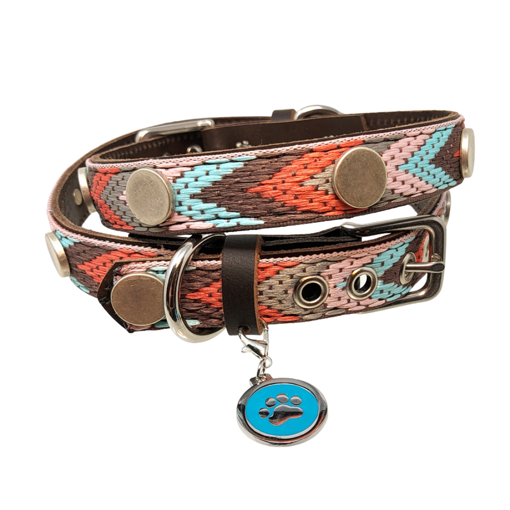 CrazyDogPaul Premium Hundehalsband SIERRA – braun- aqua, Leder im Ethno-Stil (2,5 cm),