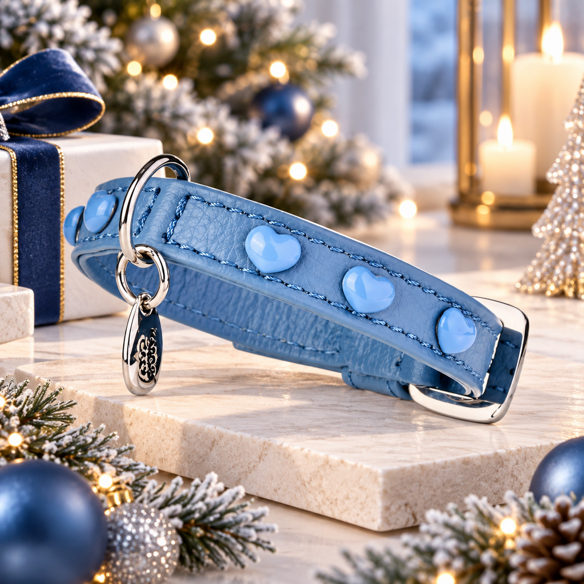 Malucchi Luxus Hundehalsband LE BEBÉ – Blau - Exklusives Lederhalsband für kleine Hunde