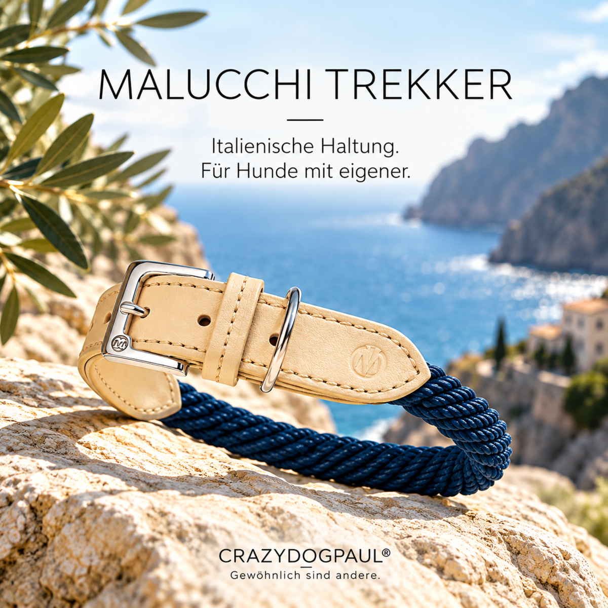 Malucchi Πολυτελές κολάρο σκύλου TREKKER από δέρμα & σχοινί